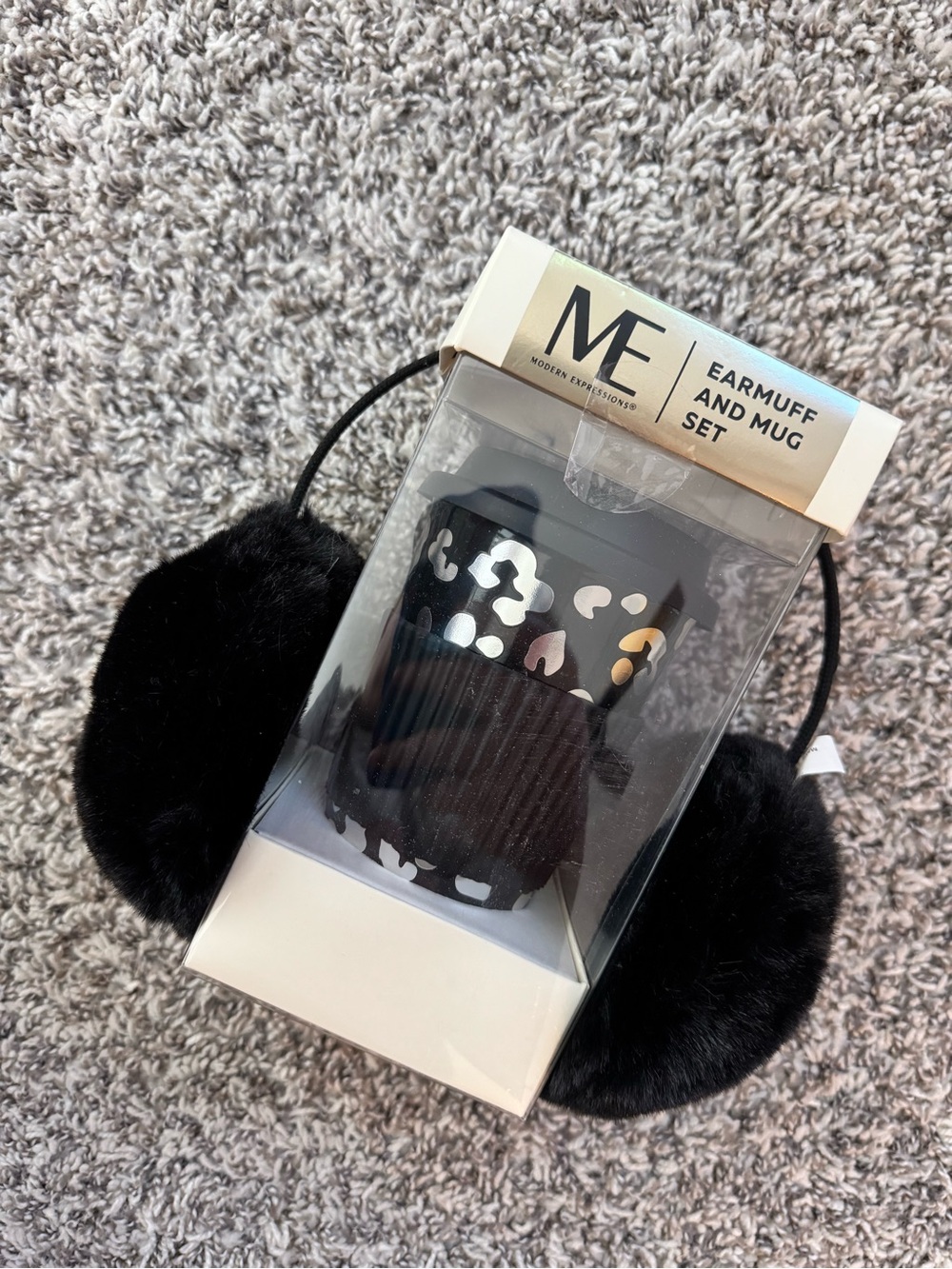 ME Makeover Essentials Black Faux Fur Earmuff and Patterned Black Travel Mug Set